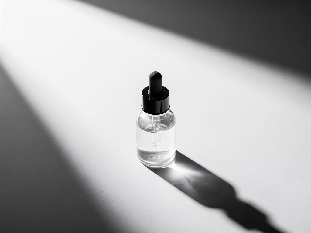 A minimalist monochrome photo of a glass serum bottle