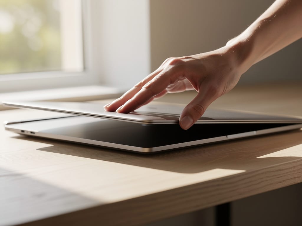 A woman's hand closing a laptop on a clean desk