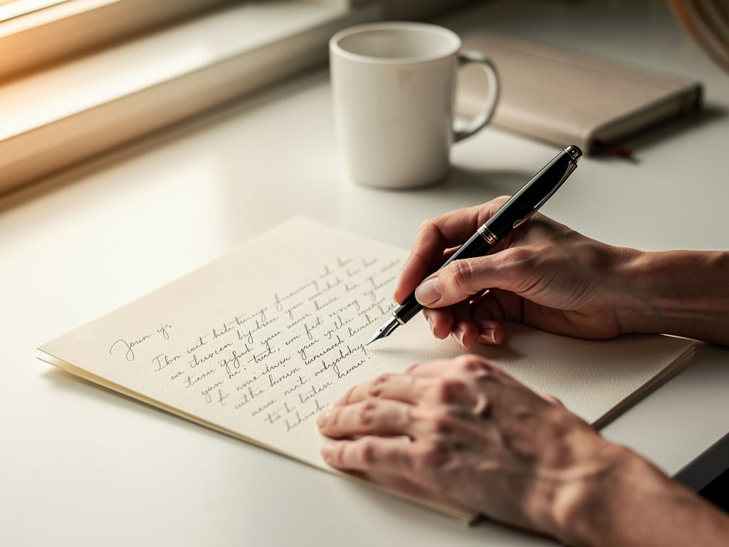 Woman writing a personal handwritten note at a clean modern desk