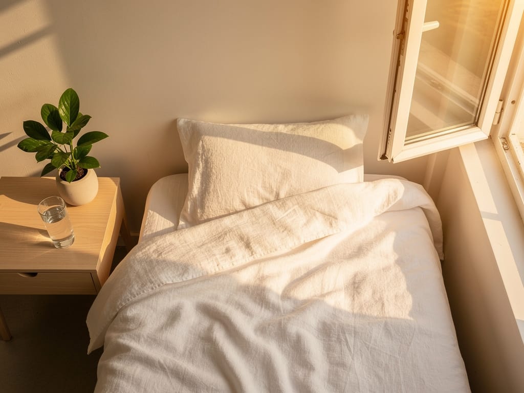 Morning sunlight streaming through window onto minimalist bedroom nightstand