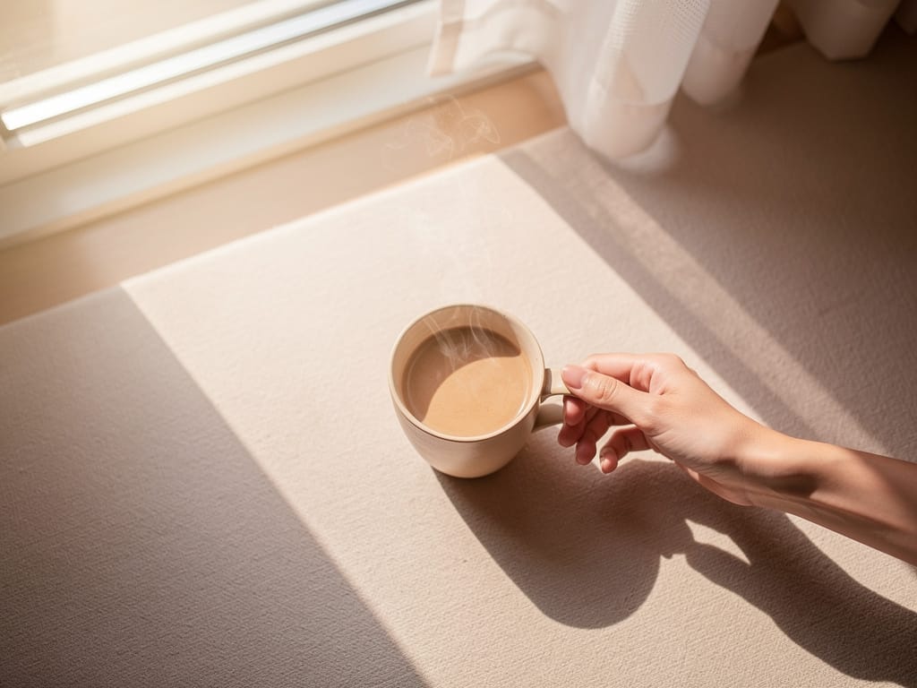 Woman holding morning coffee mug near sunlit window at sunrise