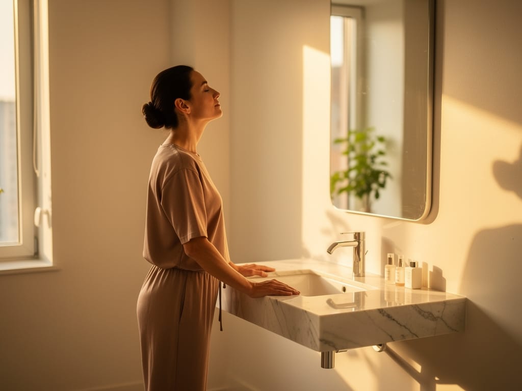 Woman practicing mindful breathing before her morning skincare routine