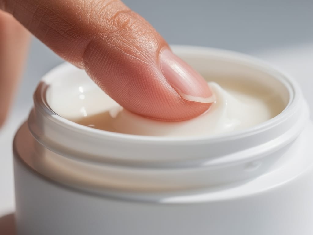 Woman applying minimalist skincare cream from a white jar