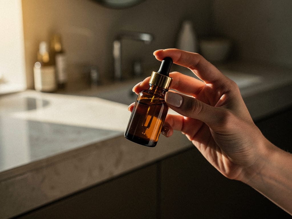 Woman holding retinol serum bottle at bathroom vanity