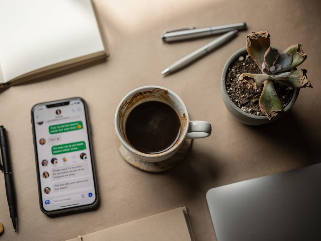 Busy woman's desk with notifications and struggling plant symbolizing burnout