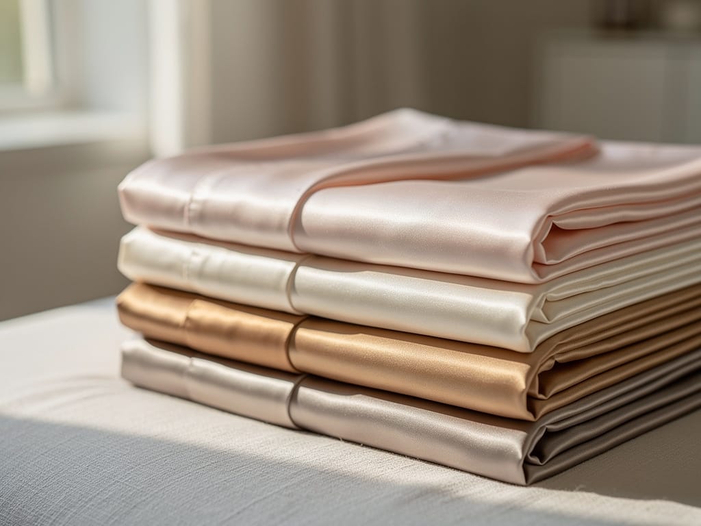 A stack of clean silk pillowcases in soft light
