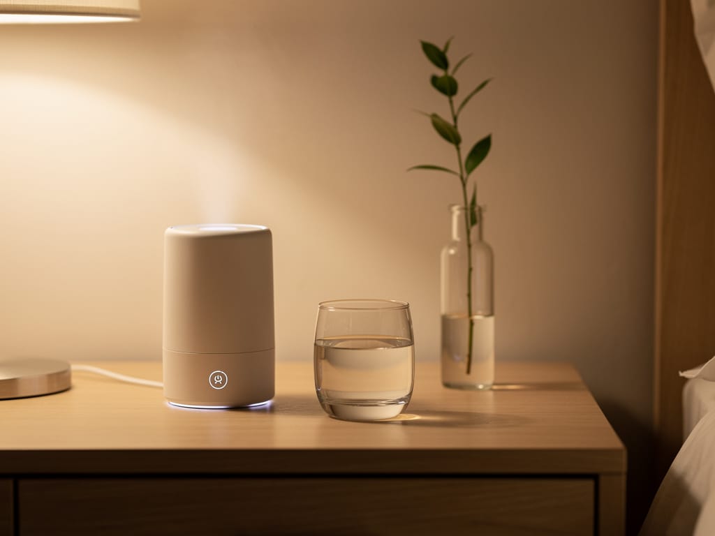 A calm bedroom nightstand with an air purifier and a glass of water