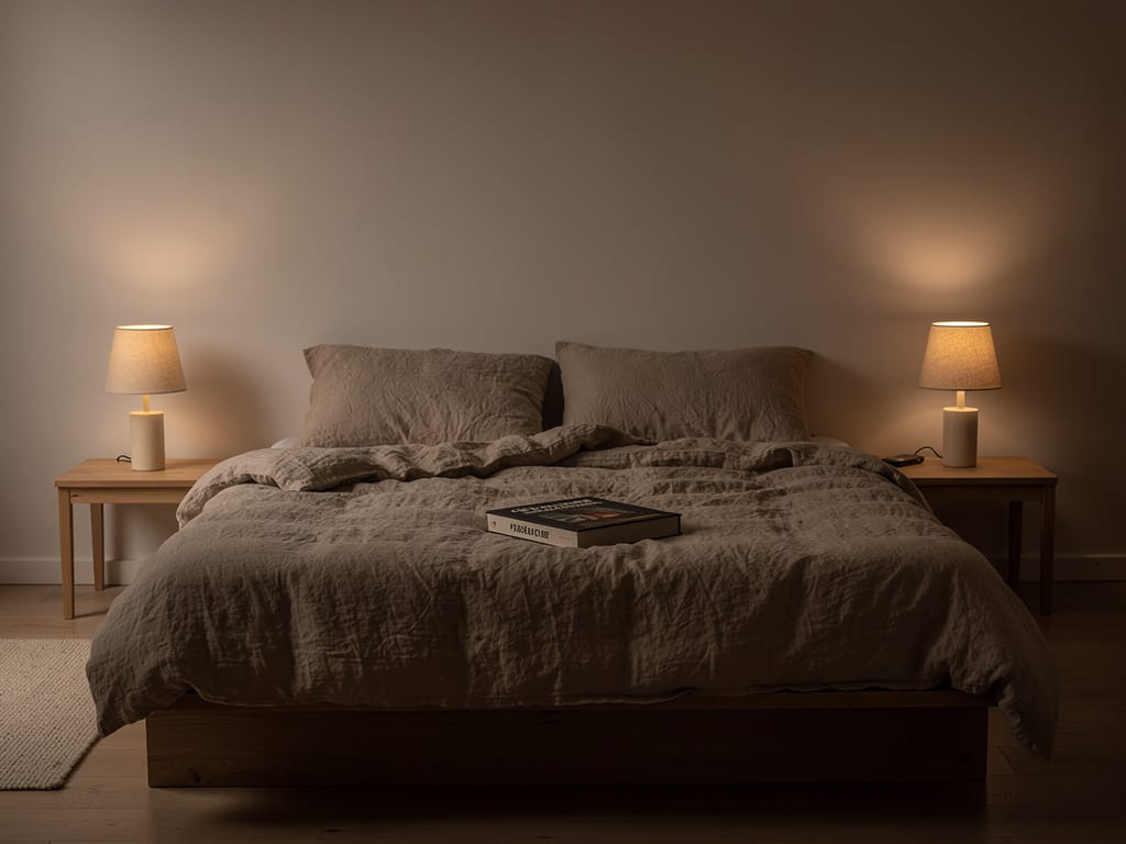 A serene and cozy bedroom with dimmed lighting at night
