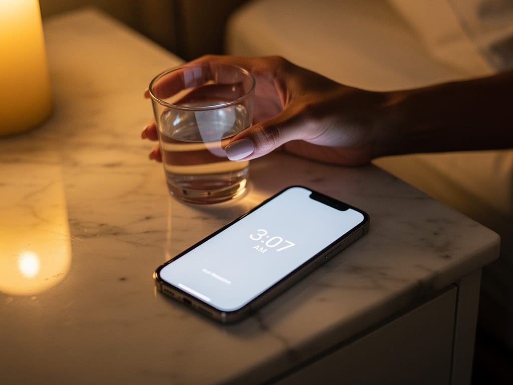 Woman's hand holding water glass next to phone showing 3am