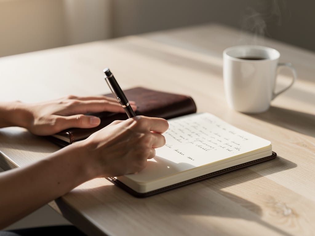 A woman performing a self-audit by journaling her thoughts and commitments