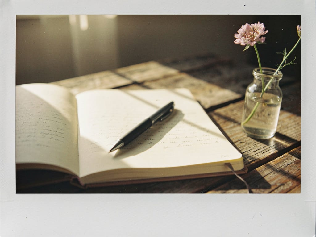 A personal journal and a flower on a wooden table.
