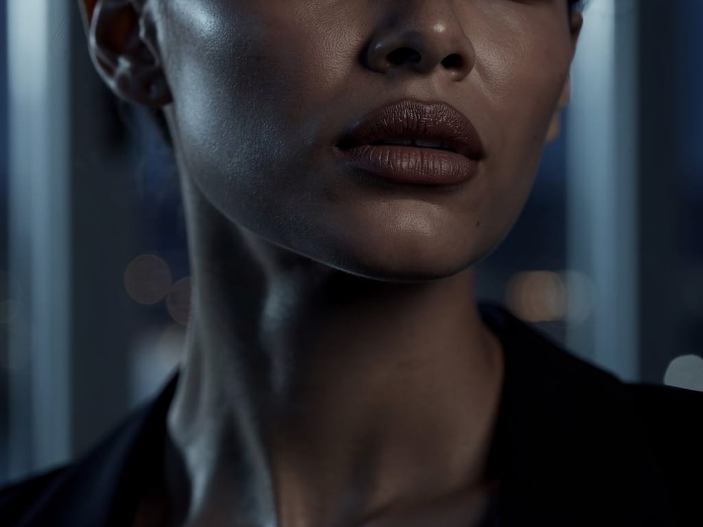 Close-up of a woman's jawline showing subtle tension at night