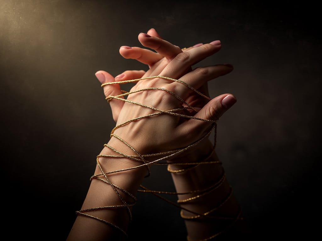 Woman's hands tangled in golden threads