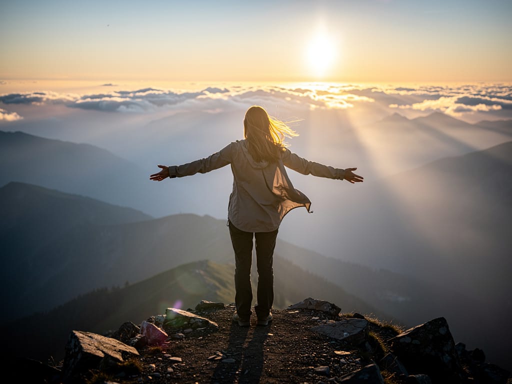 Woman on a mountaintop at sunrise feeling free