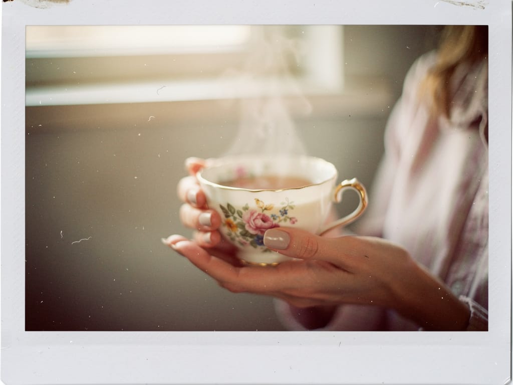 A woman's hands holding a warm cup of tea.