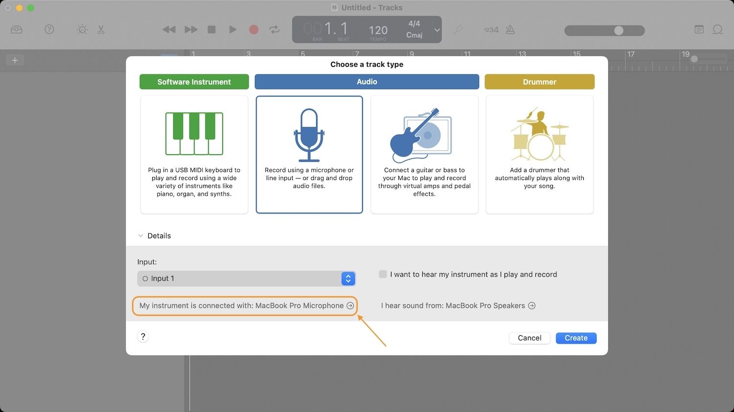 GarageBand recording audio setting preferences