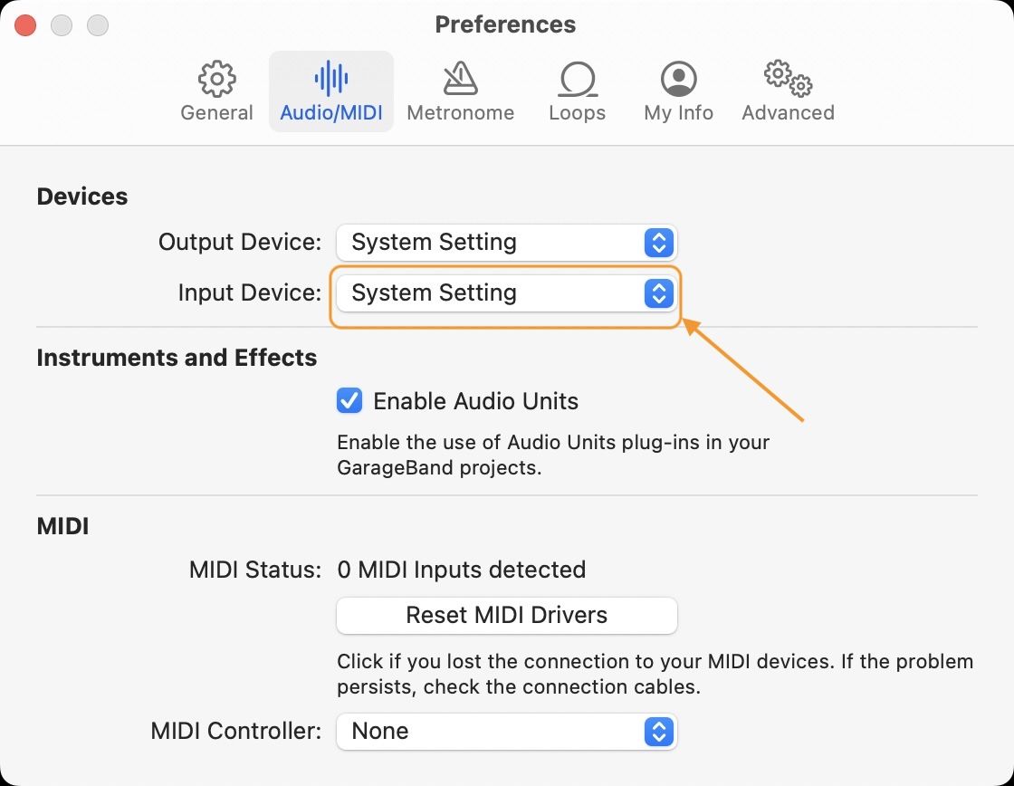 GarageBand recording audio - setting microphone
