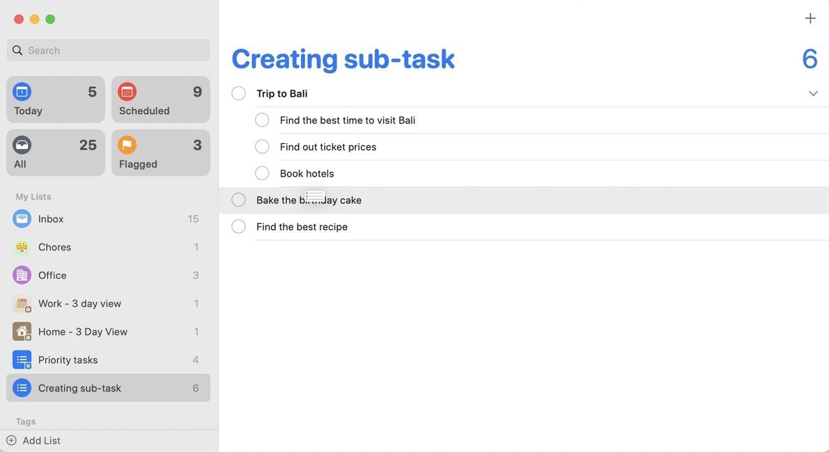 create sub-tasks in reminders on Mac 1