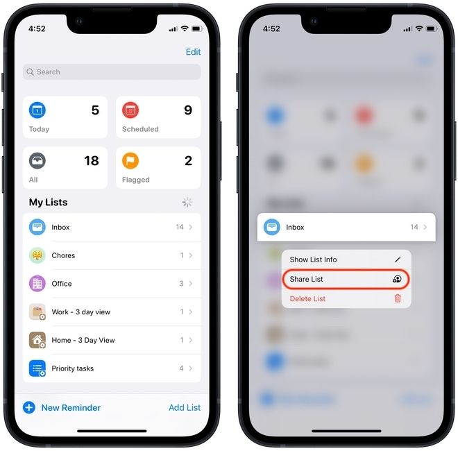 share a reminders list on iPhone 1