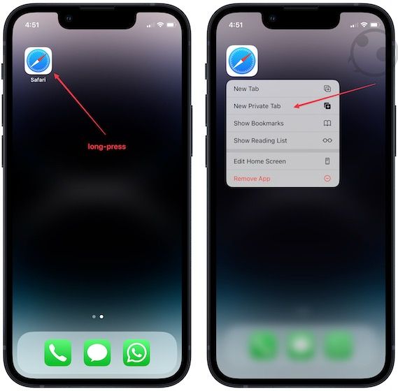 Long-press Safari app to open a private browsing 1