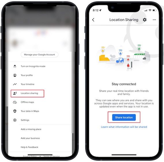 Share real-time location using Google Maps on iPhone 2