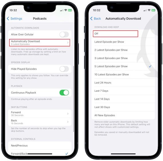 Stop the iPhone Podcasts app from automatically downloading shows