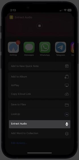 Choosing the Extract audio shortcut