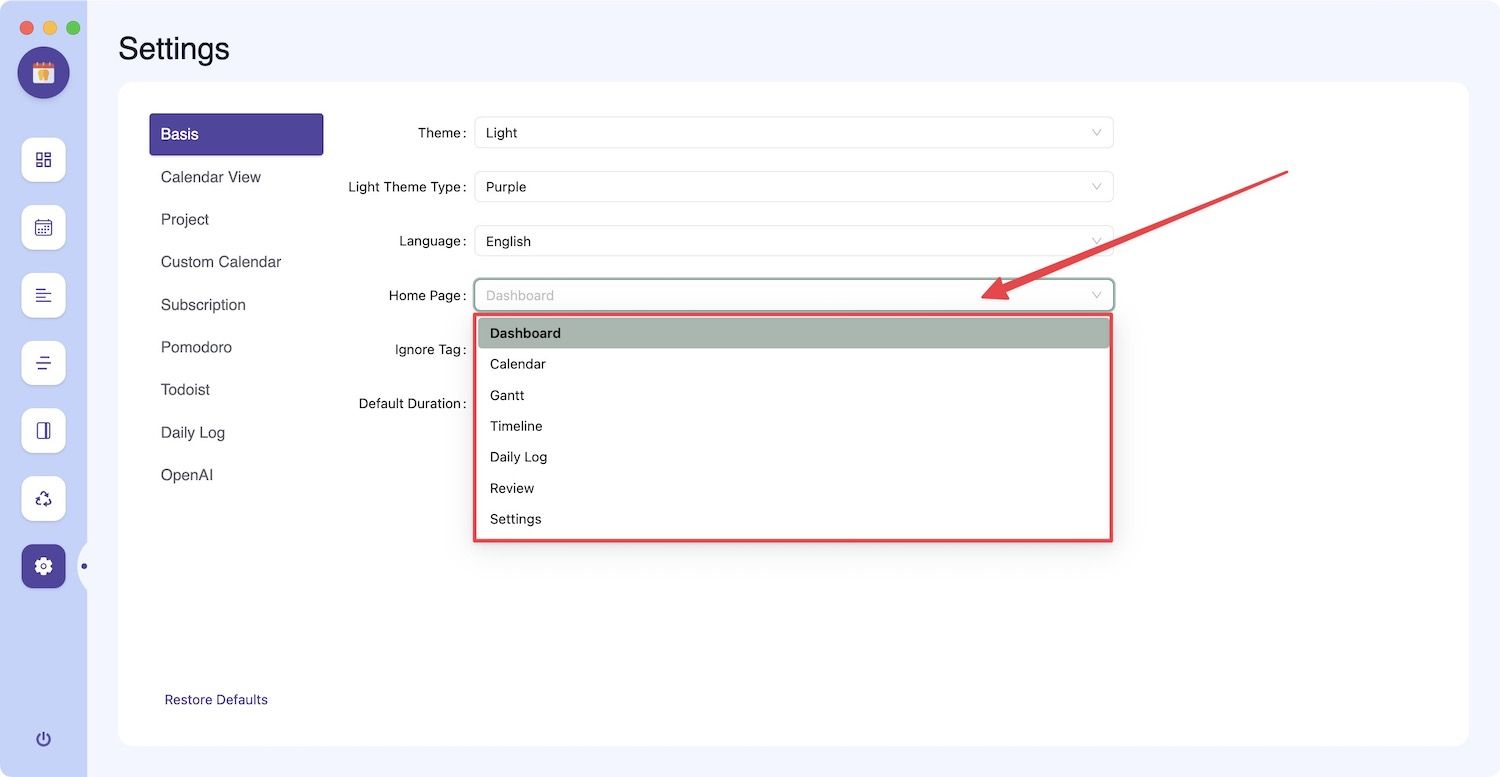 Changing the Home Page view in Agenda