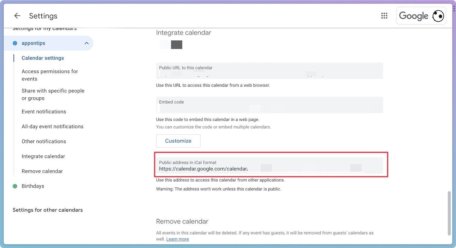 Public address in iCal format