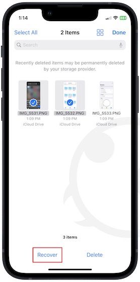 Selecting files to recover