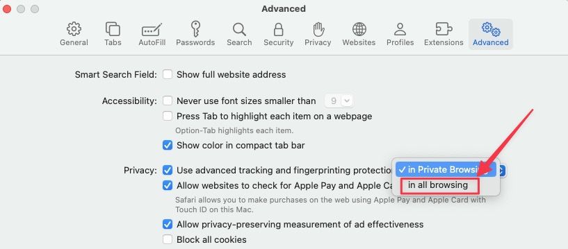 Enabling Advanced Tracking and Fingerprint Protection in all browsing