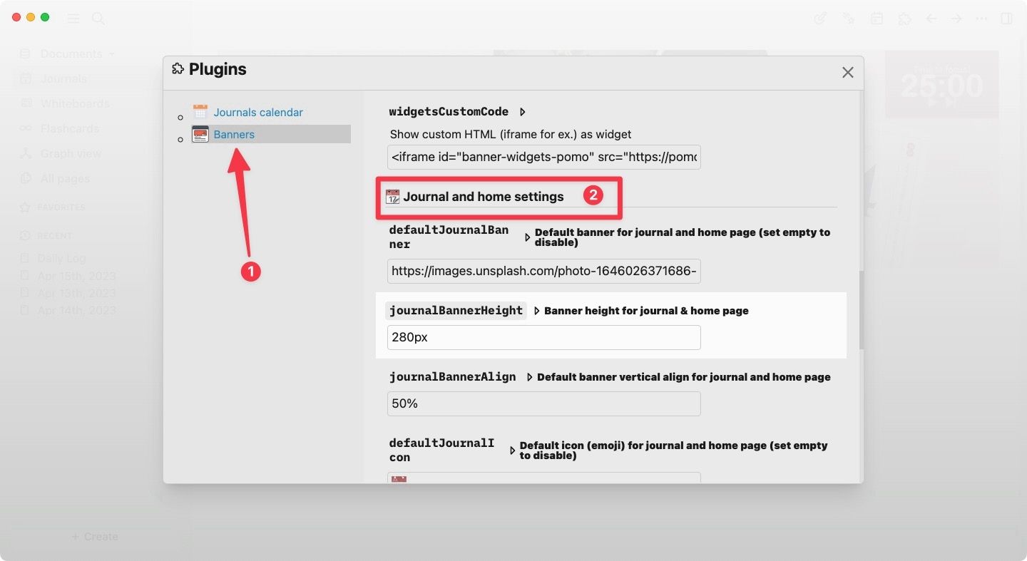 Logseq plugins settings page screenshot showing Banners plugin