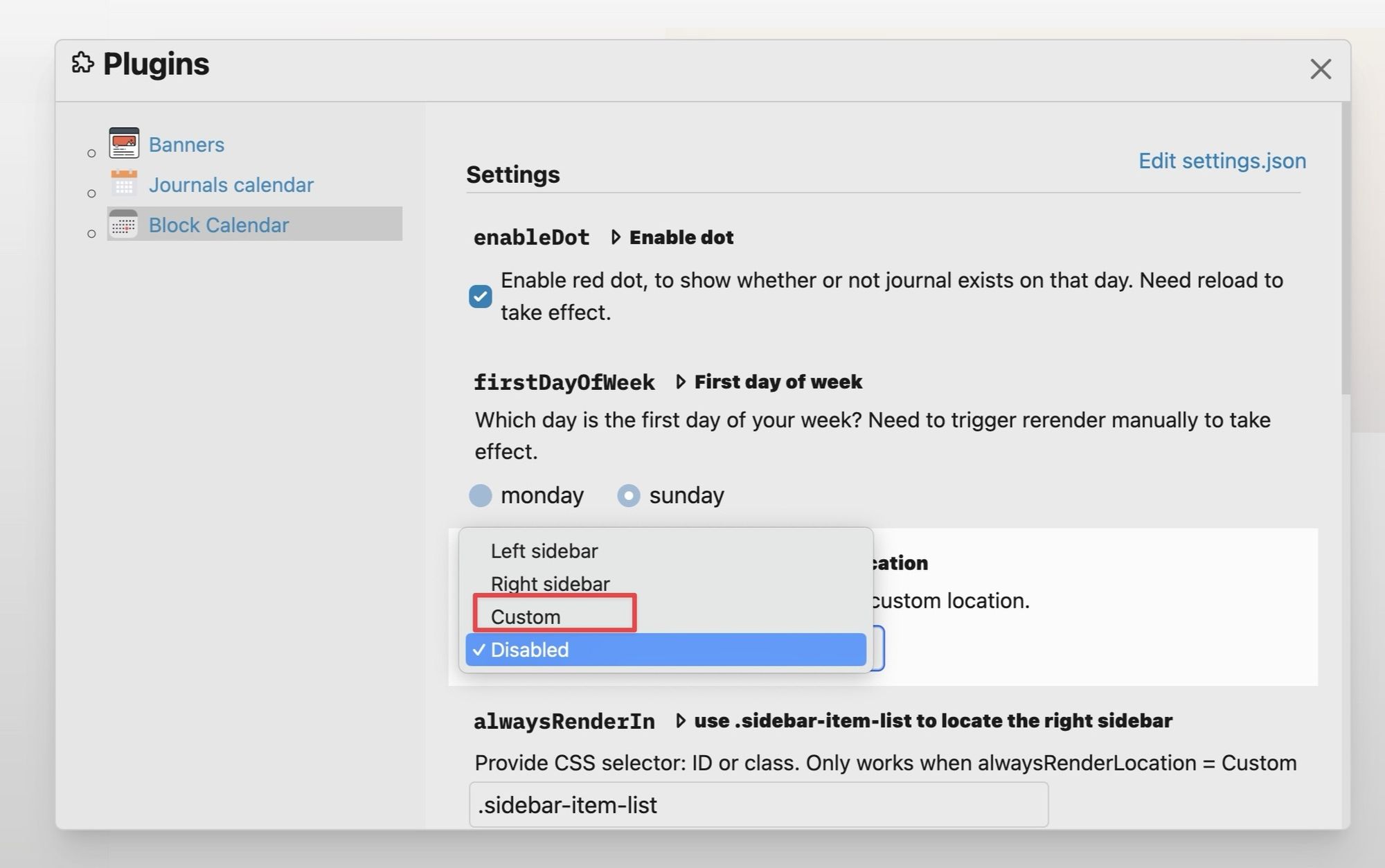 Settings custom render location
