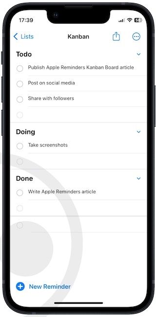 Reminders list with added tasks