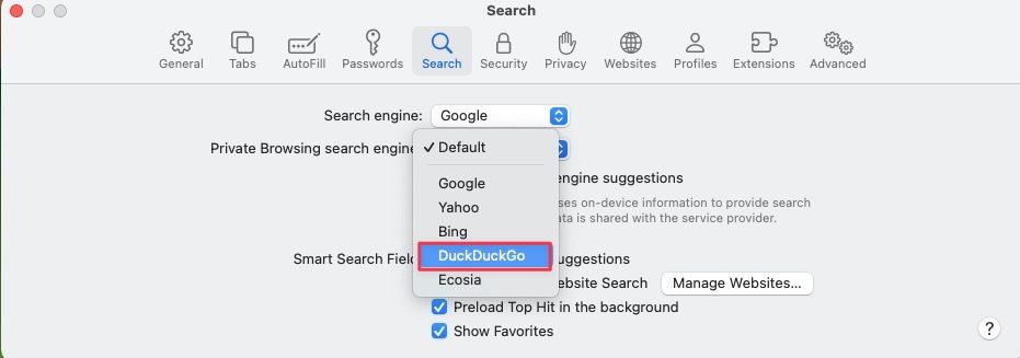 Choosing DuckDuckGo as default search engine for private browsing mode in Safari