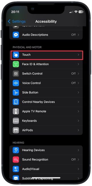 Opening Touch Settings on iPhone