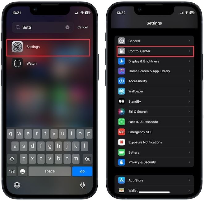 opening control center settings