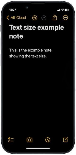Increased text size in notes app