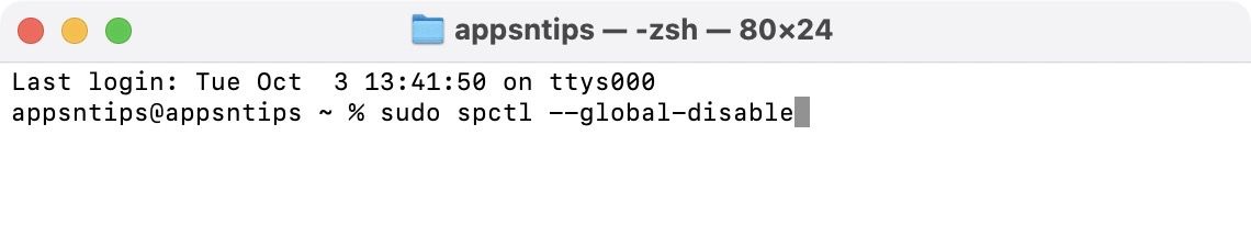 Terminal running sudo spctl --global-disable command