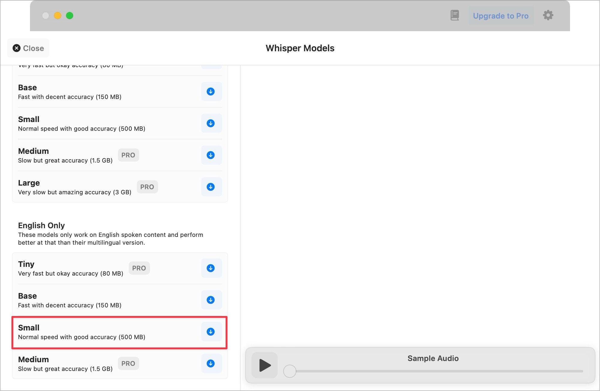 downloading the&nbsp;Small&nbsp;model