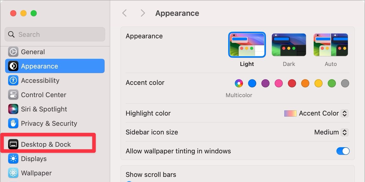 Desktop & Dock settings screenshot