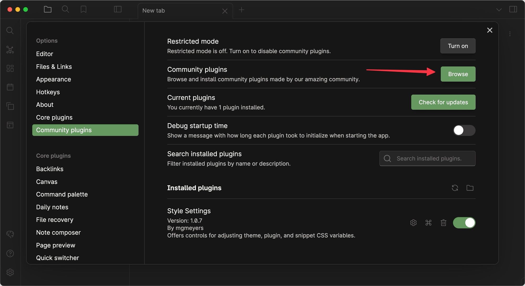 Community plugins&nbsp;page showing Browse button