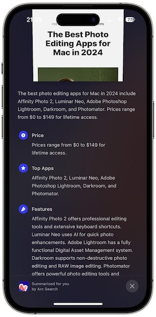 Arc Search Page Summarizer