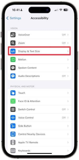 Opening&nbsp;Display & Text Size settings