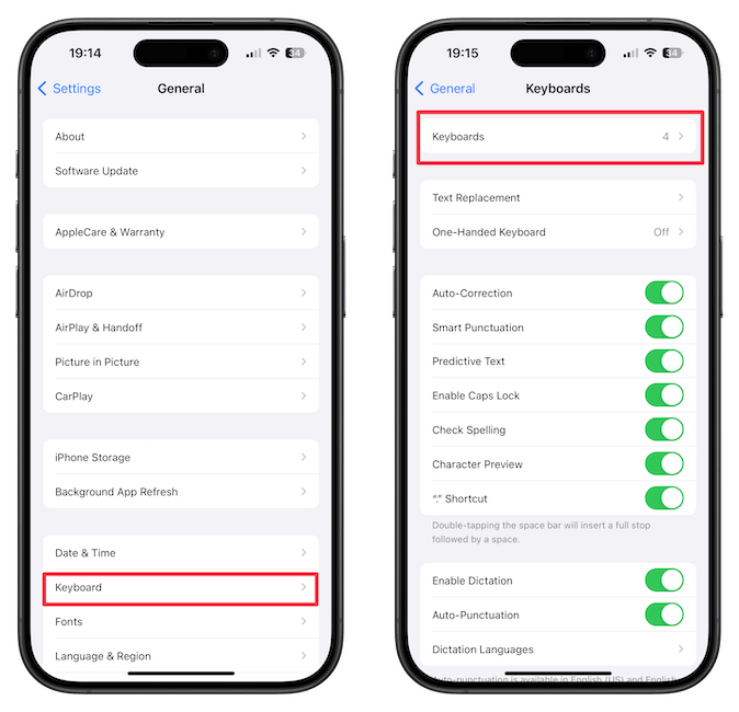 Opening Keyboards settings