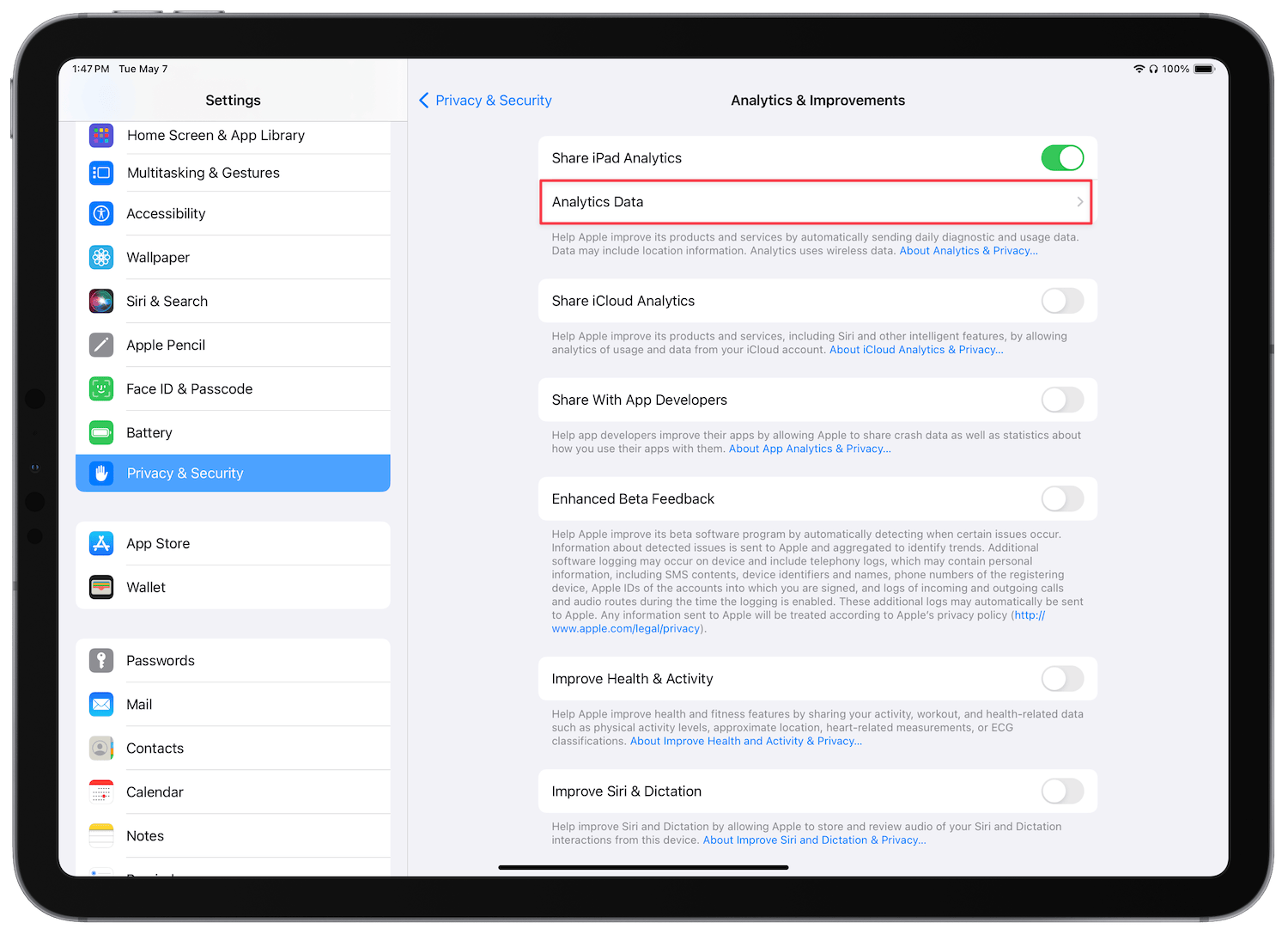 Analytics data settings