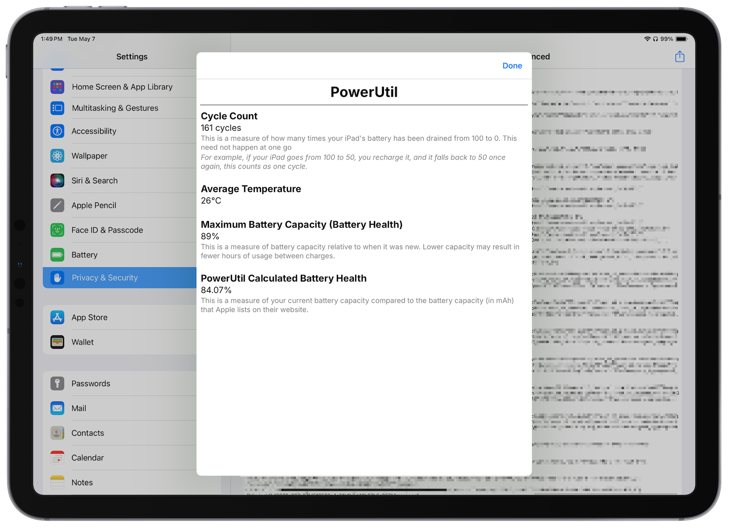 Battery health stats for iPad