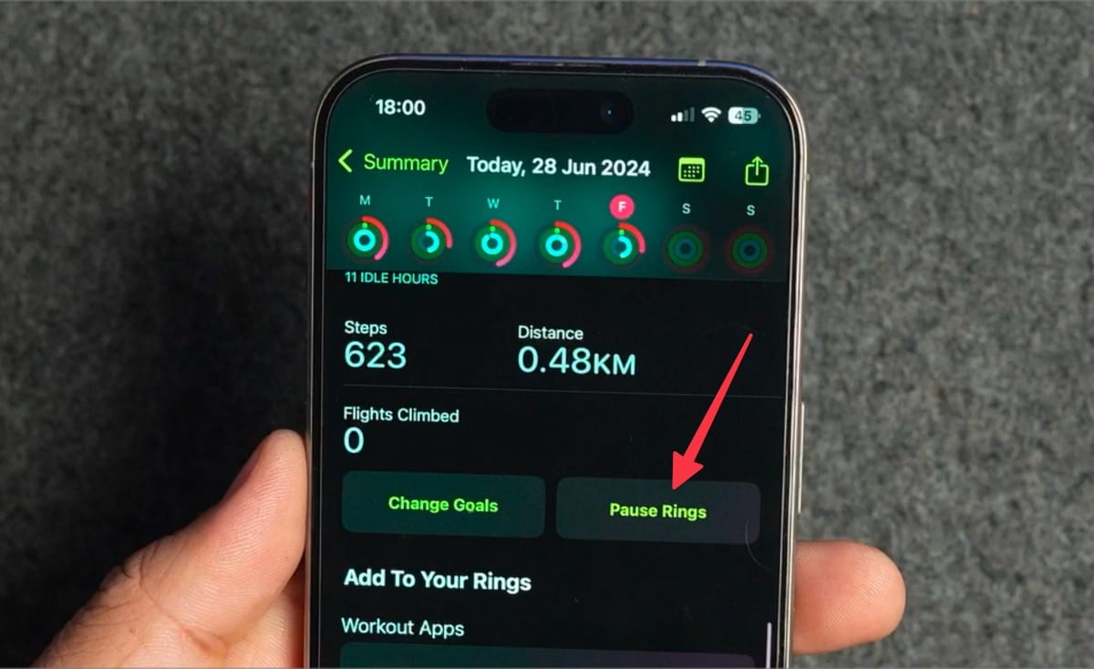 Pause Rings&nbsp;button on iPhone