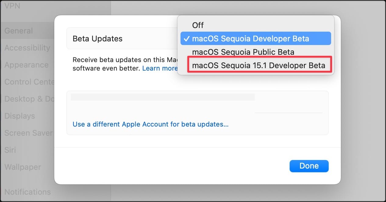 choose the&nbsp;macOS Sequoia 15.1 Developer Beta