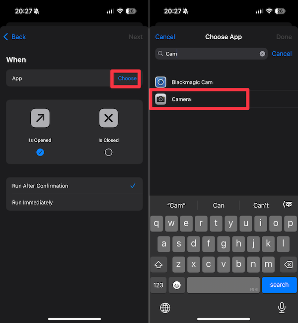 Tap on&nbsp;Choose&nbsp;and select&nbsp;Camera